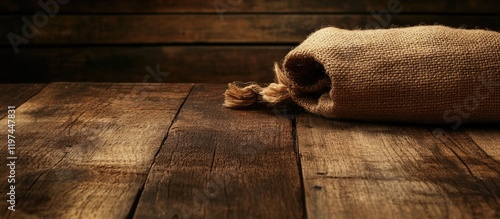 Rustic Barley Beer Sack on Weathered Wooden Table in Cozy Country Pub Corner with Warm Brown Tones and Empty Space for Text photo