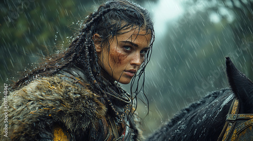 Fierce Viking Warrior Woman with Intricate Face and Body Tattoos in Diverse Natural Settings, from Stormy Seas to Misty Forests, Showcasing Strength, Beauty, and Battle Readiness photo