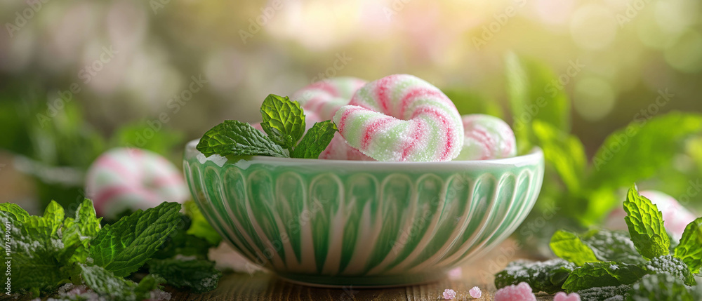 Colorful bowl filled with refreshing mint candies surrounded by fresh mint leaves Colorful bowl filled with refreshing mint candies surrounded by fresh mint leaves
