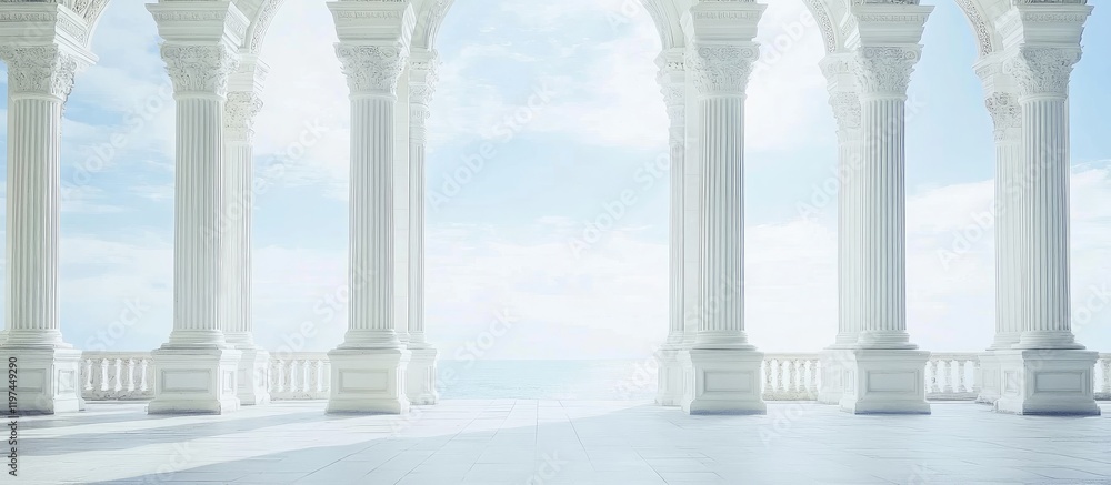 Fototapeta premium Elegant Baroque architecture with white columns and decorative statues against a soft blue sky and empty copyspace for text in a spacious setting