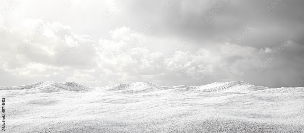 Obraz premium Barren desert landscape featuring rippled white dunes under dramatic gray clouds, empty foreground for text, wide-angle perspective.