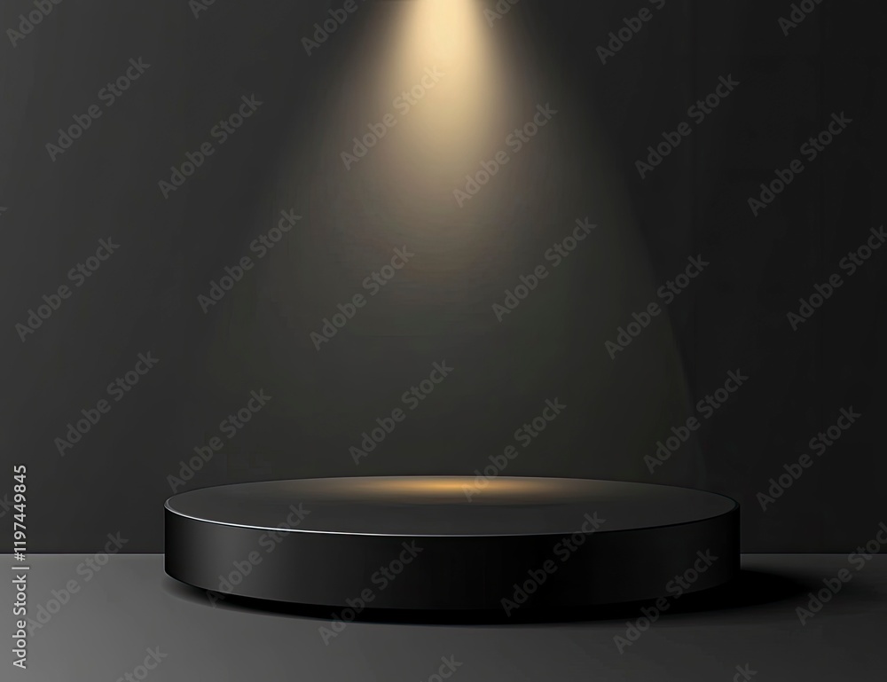 Black podium with golden light for product presentation, vector background illustration with empty space mock-up. Minimal scene design for luxury showcase and promotion display. Black podium with golden light for product presentation, vector background illustration with empty space mock-up. Minimal scene design for luxury showcase and promotion display.