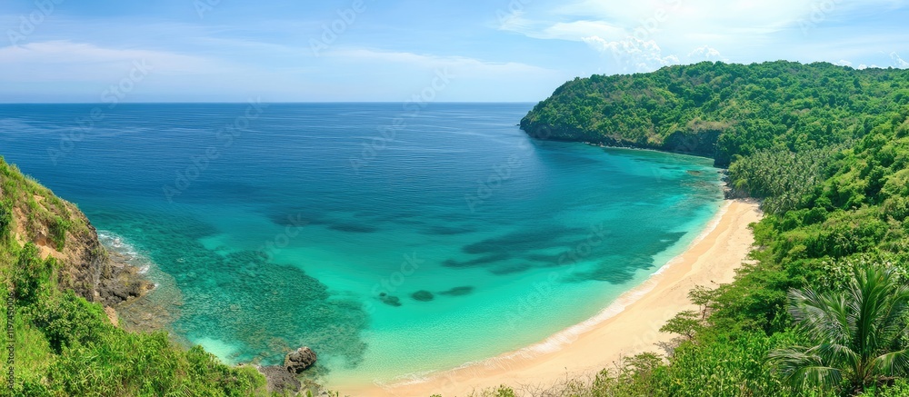 Fototapeta premium Turquoise sea and white sandy beach with crystal clear water and lush green palm trees, featuring empty space for text.