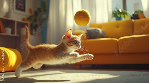 A playful kitten chasing after a bouncing toy, its paws in mid-air as it pounces, captured in a vibrant and cozy living room. photo