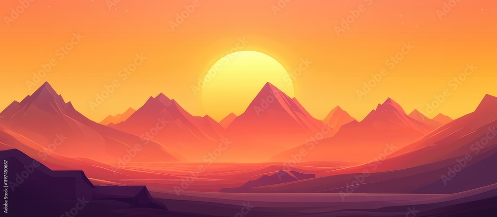 Vibrant orange sunrise over majestic mountain peaks with clear skies and ample copy space for text in a panoramic view. Vibrant orange sunrise over majestic mountain peaks with clear skies and ample copy space for text in a panoramic view.