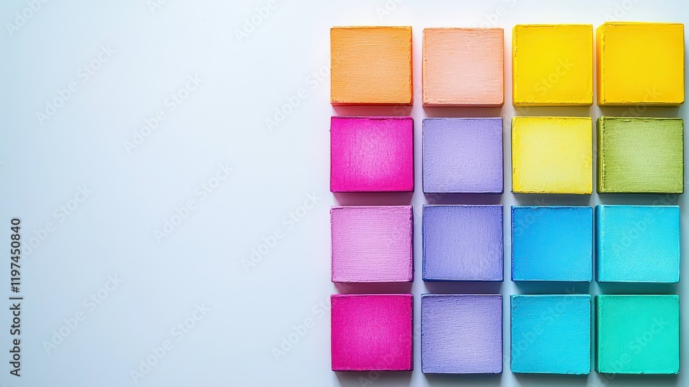 A vibrant array of colored blocks arranged in a grid, showcasing various shades from yellow to purple against a light background. A vibrant array of colored blocks arranged in a grid, showcasing various shades from yellow to purple against a light background.