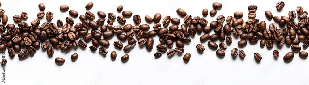 A beautiful row of coffee beans placed elegantly on a white background A beautiful row of coffee beans placed elegantly on a white background