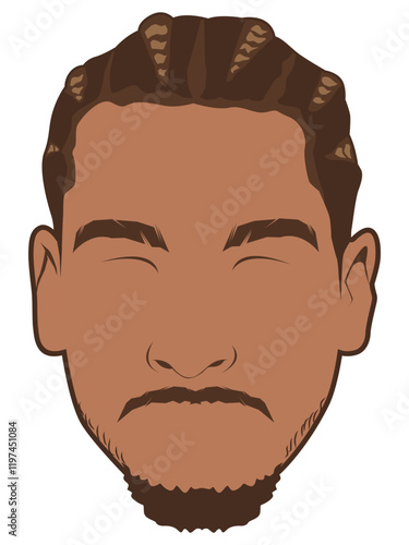 Bearded black man with cornrow vector illustrations. Gentleman portrait cartoon with unique hairstyle. Stylish black male in conrows hairstyle. Fan art avatar face with cornrows style. 