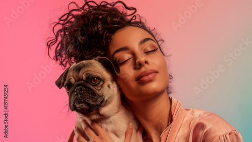 Dulzura y Elegancia: Mujer Radiante con su Compañero Canino photo