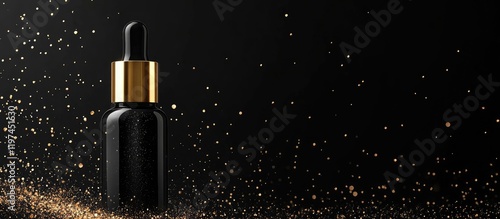 Elegant black lash serum bottle with golden cap against a shimmering black background, isolated space for text showcasing luxury skincare. photo