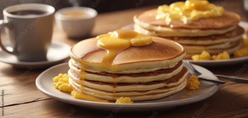 A golden brown stack of pancakes placed on a wooden table with a steaming cup of coffee and a side of scrambled eggs , food, stack, coffee A golden brown stack of pancakes placed on a wooden table with a steaming cup of coffee and a side of scrambled eggs , food, stack, coffee
