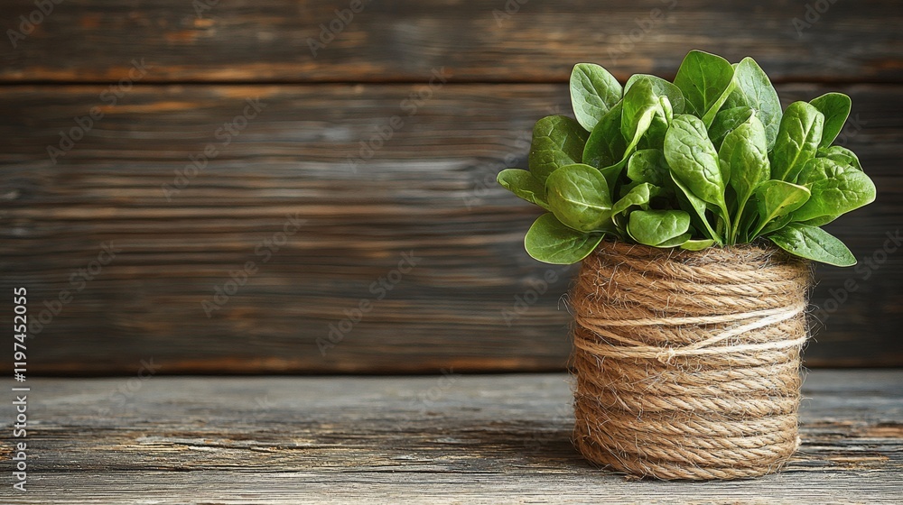 Isolated of a handful of spinach leaves tied together with twine to add a rustic touch Stock Photo with side copy space