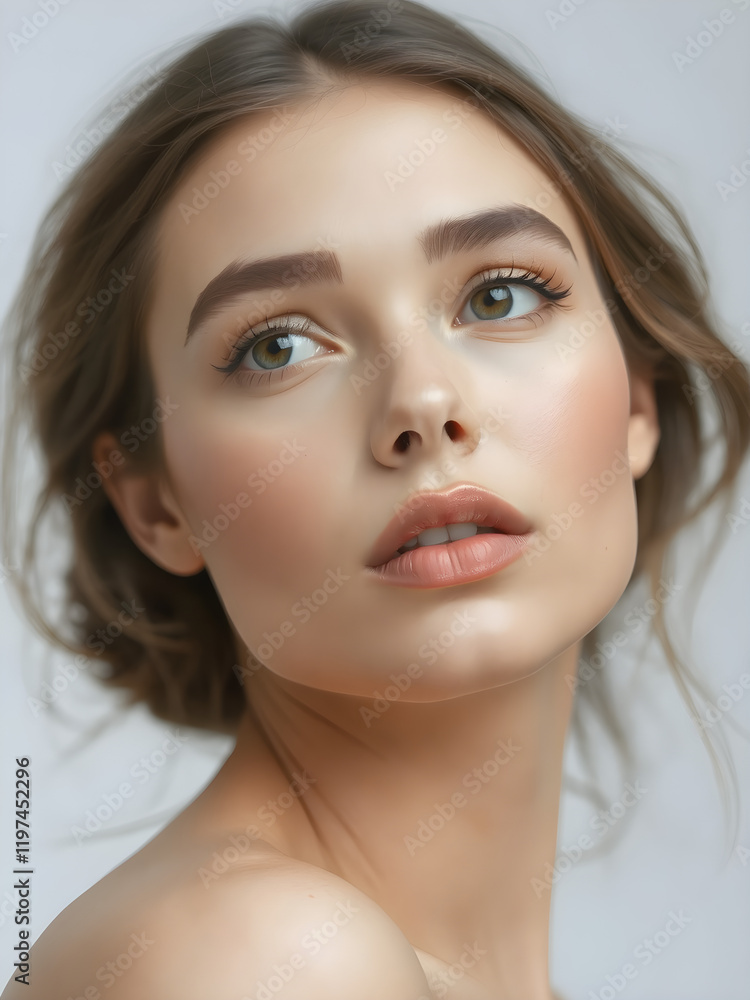 Fototapeta premium Elegant Female Model with Pristine Skin, beautiful hair and lips in Fashionable Beauty Portrait. Generative AI