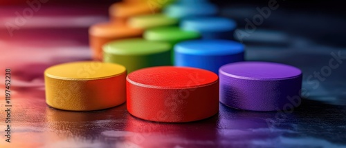 A colorful arrangement of circular objects in vibrant hues, showcasing a gradient from red to purple against a textured surface.