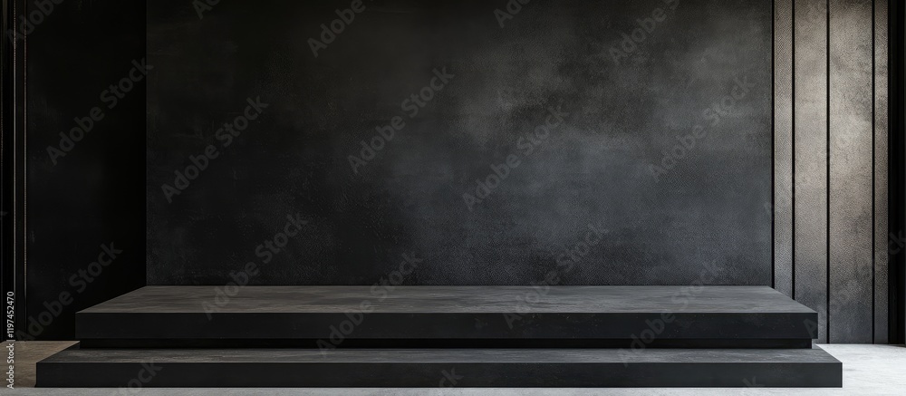 Minimalist black interior featuring a rectangular concrete podium against a dark textured wall in a spacious empty studio with ample copyspace for text. Minimalist black interior featuring a rectangular concrete podium against a dark textured wall in a spacious empty studio with ample copyspace for text.