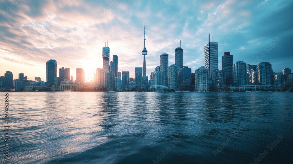 Fototapeta premium Urban skyline at sunset with reflection on water and space for text overlay. Generative AI