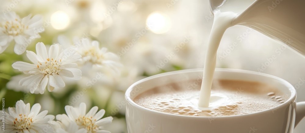 Barista skillfully pouring creamy hot milk into a freshly brewed espresso in a cozy kitchen surrounded by soft white flowers and warm ambient light. Barista skillfully pouring creamy hot milk into a freshly brewed espresso in a cozy kitchen surrounded by soft white flowers and warm ambient light.