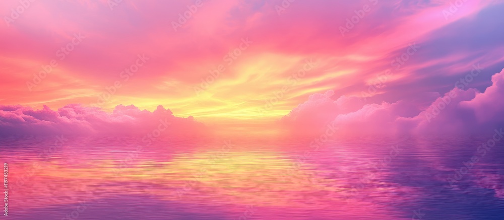 Fototapeta premium Vibrant sunrise hues reflected on calm lake surface with ample empty space for text
