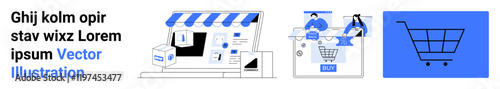 Online store with storefront awning and packages, shoppers at self-checkout, and shopping cart icon. Ideal for digital commerce, online shopping, retail marketing, e-commerce websites, virtual