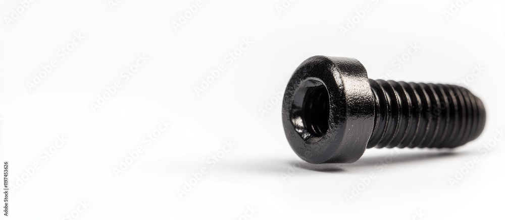 Close-up of a black metal screw positioned diagonally on a plain white background, featuring a selvage edge and accommodating empty text space. Close-up of a black metal screw positioned diagonally on a plain white background, featuring a selvage edge and accommodating empty text space.
