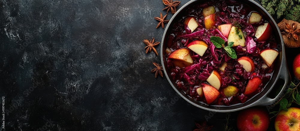 Braised Red Cabbage with Apples and Spices in Black Pot on Dark Rustic Table with Fresh Apples and Empty Copy Space for Text Braised Red Cabbage with Apples and Spices in Black Pot on Dark Rustic Table with Fresh Apples and Empty Copy Space for Text