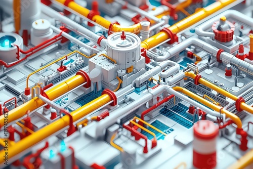 A detailed, colorful model of industrial piping and machinery, showcasing complex systems with various pipes, valves, and equipment.
