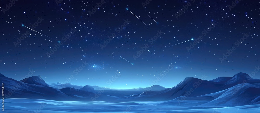 Obraz premium Starry Night Sky Featuring Milky Way and Shooting Stars Over Snowy Landscape