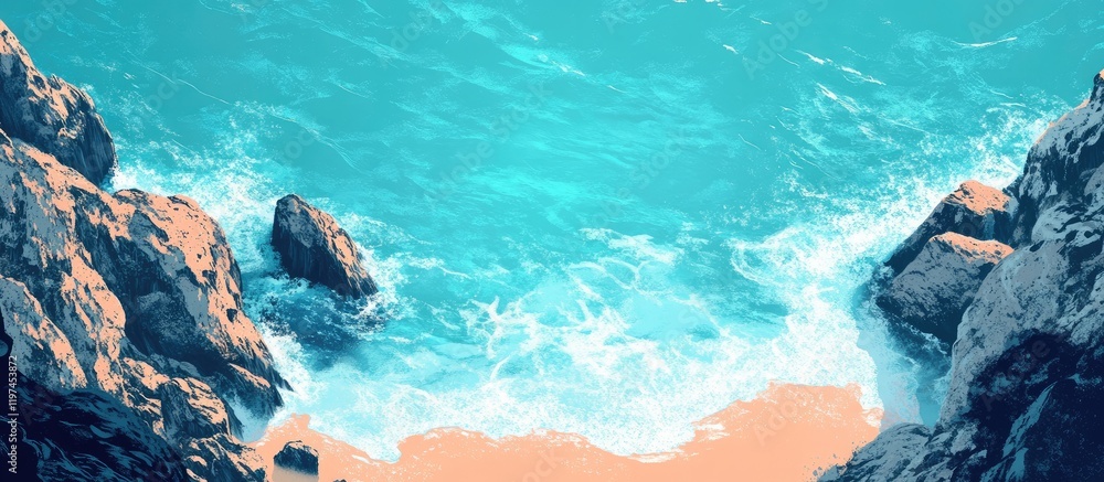 Fototapeta premium Cliffs Overlooking Turquoise Waters with Sandy Beach and Text Space, Captured from Above in Bright Daylight