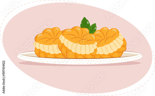 Profiteroles, a French dessert. Cakes with custard on a plate. Vector illustration