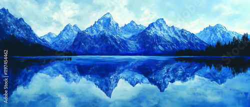 Majestic mountain range reflecting in a serene blue lake under a cloudy sky photo