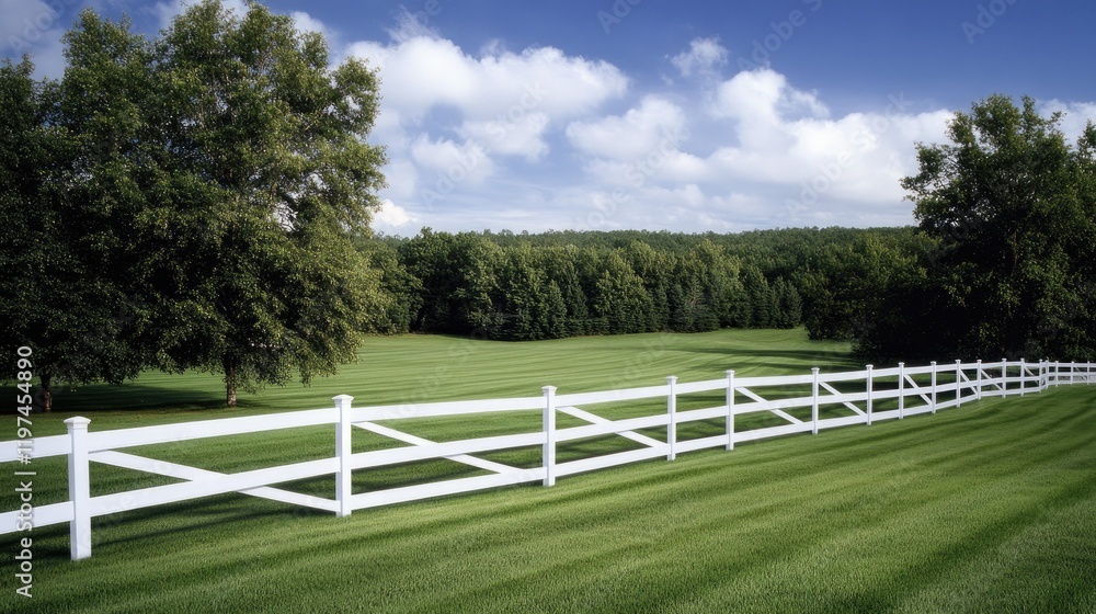 Bright sunny day showcases a smooth white vinyl fence with diamond shapes, surrounded by lush green trees and a clear blue sky Bright sunny day showcases a smooth white vinyl fence with diamond shapes, surrounded by lush green trees and a clear blue sky