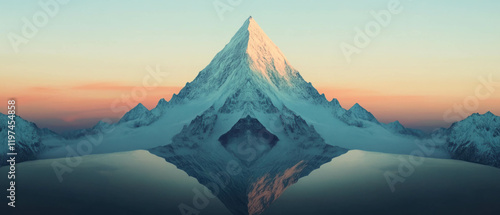 Symmetrical mountain peak reflecting in calm waters at sunrise photo