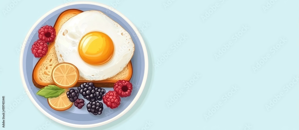 Breakfast Plate Featuring Toast with Sunny Side Up Egg, Fresh Raspberries and Blackberries, Light Blue Background, Copy Space for Text Breakfast Plate Featuring Toast with Sunny Side Up Egg, Fresh Raspberries and Blackberries, Light Blue Background, Copy Space for Text