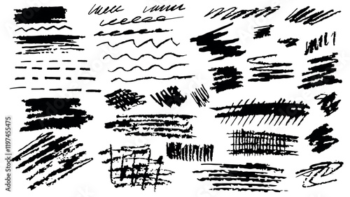 Collection of hand drawn chalk broad strokes on white background, grunge line collection, brush texture banners, paintbrush vector set, brushes of different sizes and designs for decoration