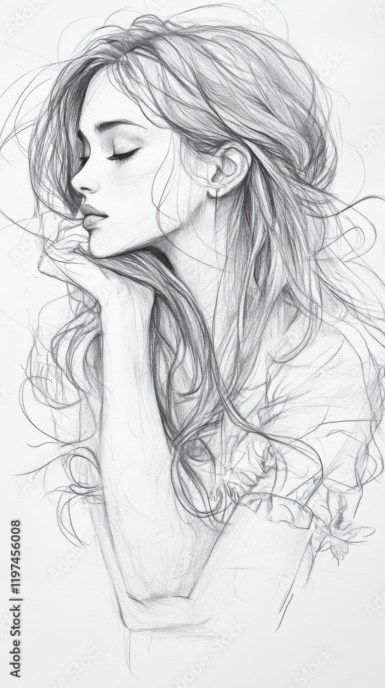 Portrait of a young woman with flowing hair lost in thought in a serene and artistic style emphasizing soft lines and delicate features Portrait of a young woman with flowing hair lost in thought in a serene and artistic style emphasizing soft lines and delicate features