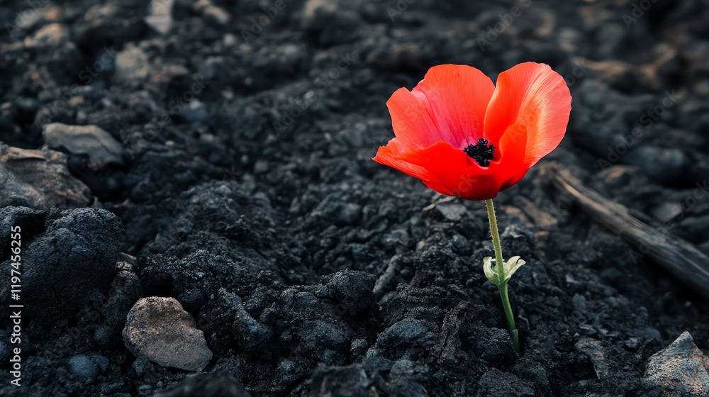 Single red poppy flower blooming on dark soil background. Single red poppy flower blooming on dark soil background.