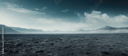 Barren Cratered Landscape on an Extraterrestrial Planet with Dark Grey Soil and Distant Mountains Under a Cloudy Sky Wide Angle View photo