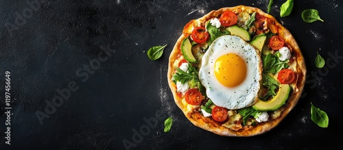 Breakfast Pizza Topped with Avocado, Poached Egg, Cherry Tomatoes, and Greens on Dark Background with Copy Space photo