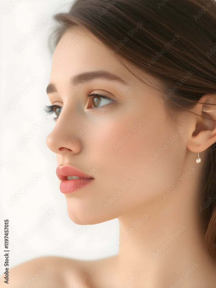 Naklejka premium Elegant Female Model with Pristine Skin, beautiful hair and lips in Fashionable Beauty Portrait. Generative AI