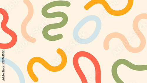 Abstract doodle design with hand drawn lines and shapes. Colorful simple childish scribble background with bright cute elements. Fun minimal pattern. Contemporary trendy vector backdrop