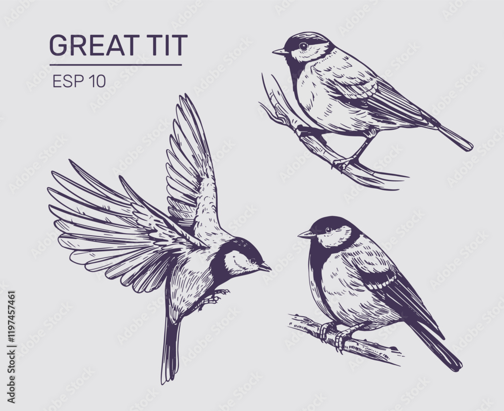 Naklejka premium Great tit sketch, realistic bird, hand drawn, vector illustration, black outline