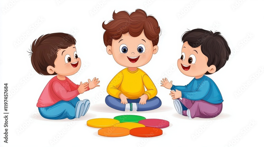 Three Happy Children Playing with Colorful Game Pieces in a Friendly and Engaging Environment Three Happy Children Playing with Colorful Game Pieces in a Friendly and Engaging Environment
