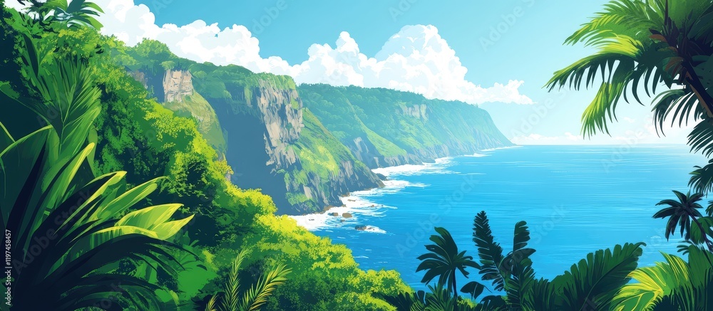 Fototapeta premium Panoramic ocean view from a high cliff surrounded by vibrant green foliage and blue skies with ample negative space for text overlay