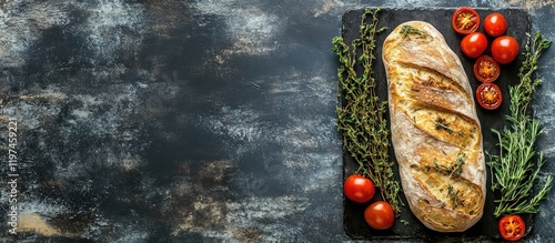 Herb-infused bread with tomatoes on dark surface with space for text. photo