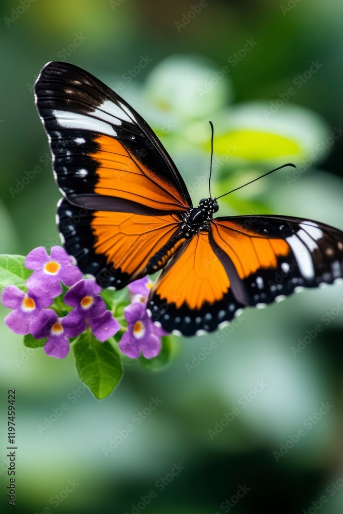 A vibrant orange and black butterfly perched on a purple flower, surrounded by lush greenery, showcasing the beauty of nature. A vibrant orange and black butterfly perched on a purple flower, surrounded by lush greenery, showcasing the beauty of nature.