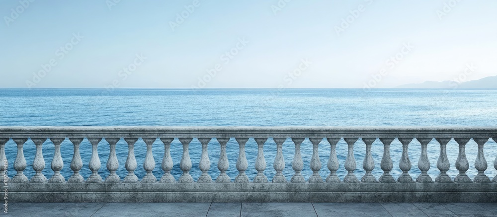 Fototapeta premium Ocean panorama from modern balcony with clear sky and ample space for text