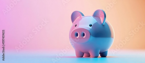 Piggy bank in front of a gradient pastel background with pink and blue hues, ideal for financial saving and investment strategies, empty text space. photo