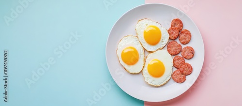 Breakfast plate featuring fried eggs and sausage on a pastel background with space for text. photo