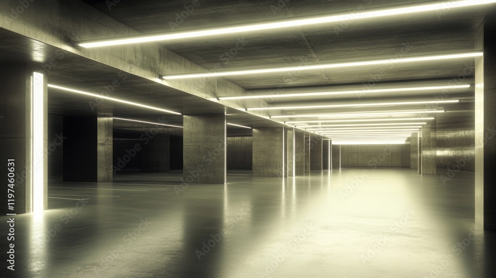 Illuminated Concrete Parking Garage: Modern Architecture, Interior Design