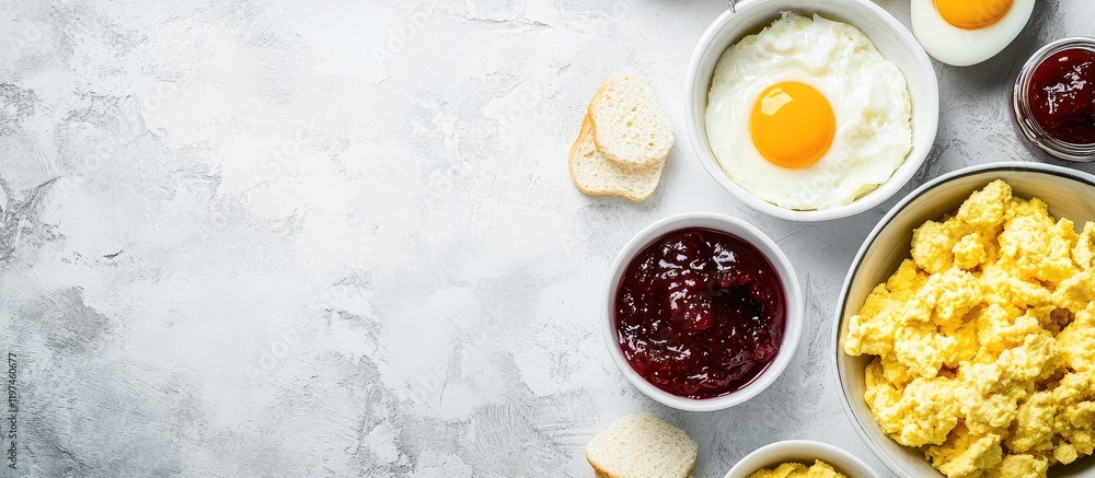 Morning Meal Setup with Scrambled Eggs, Fried Egg, Sweet Spreads, and Jam on a Light Grey Surface with Clear Copy Space Morning Meal Setup with Scrambled Eggs, Fried Egg, Sweet Spreads, and Jam on a Light Grey Surface with Clear Copy Space